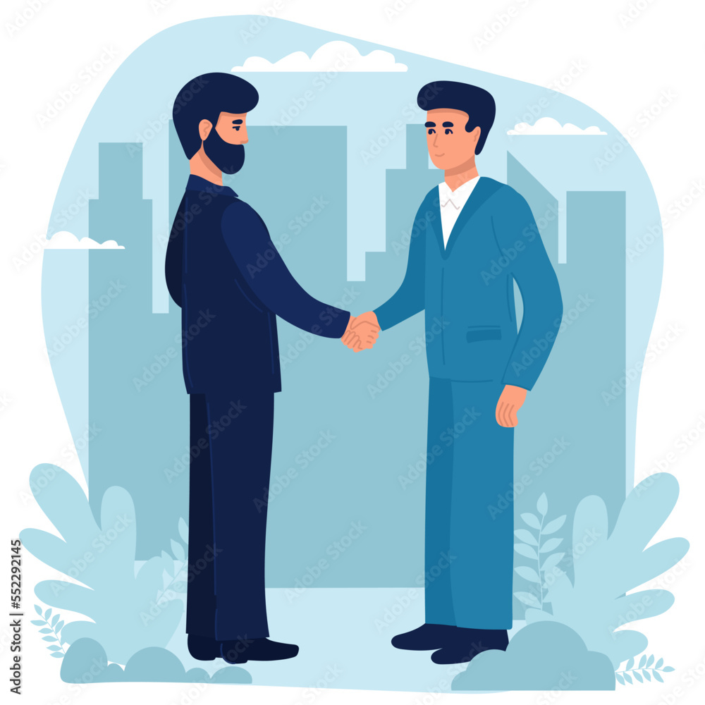 Fototapeta premium Business partnership. Illustration of business people in suits shaking hands. Flat design . Vector 10 EPS