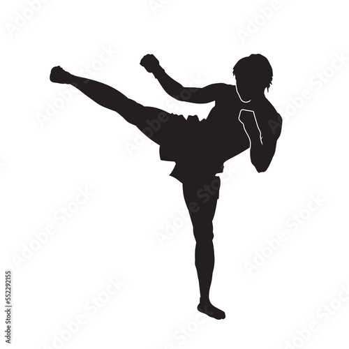 Black Illustration kick boxer isolated vector silhouette. On white background.