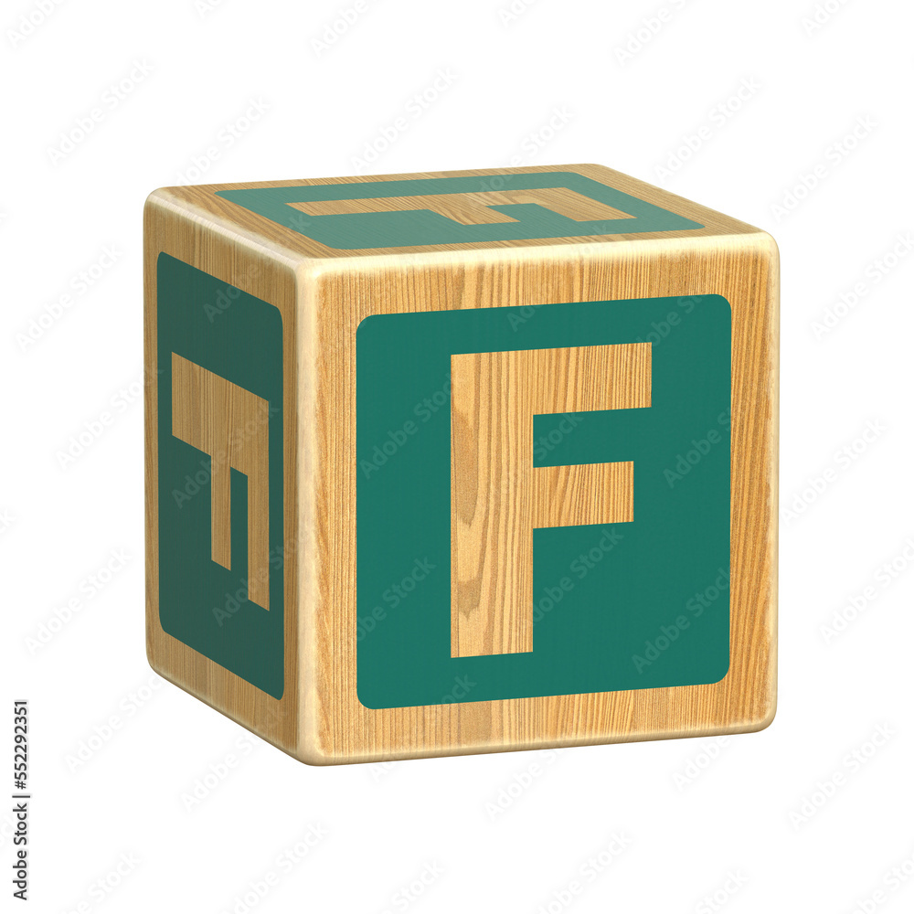 Letter F, Wooden Blocks font for Toddlers,  Wood Alphabet Blocks, ABC Montessori Stacking Letter Preschool Learning Toys - Kindergarten Reading, 3d rendering