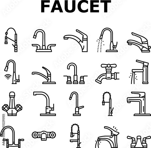 faucet water sink tap bathroom icons set vector. clean home, modern interior, white drop, wash, plumbing metal, hous pipe faucet water sink tap bathroom black contour illustrations