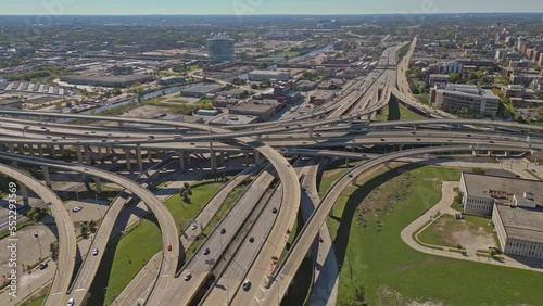 4K Rotating Aerial View Of Complex Milwaukee Intersection From Northeast photo