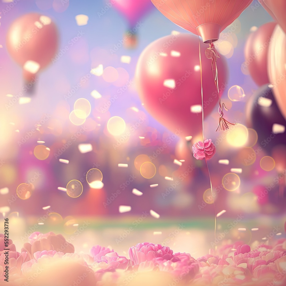 Festive background for Valentines Day with balloons and confetti. Generative Ai