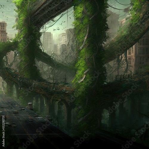 An overgrown abandoned city. Post-apocalyptic landscape.  © ECrafts