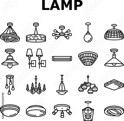 lamp ceiling light interior home icons set vector. room bulb, decor chandelier, wall electric, bright decoration, metal style lamp ceiling light interior home black contour illustrations