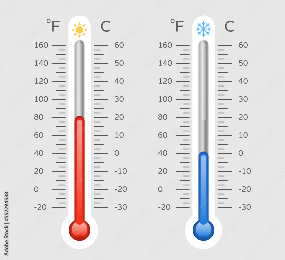 Cold warm thermometer with celsius and fahrenheit scale, temp control thermostat device flat icon. Thermometers measuring temperature icons, meteorology equipment showing weather - obrazy, fototapety, plakaty 
