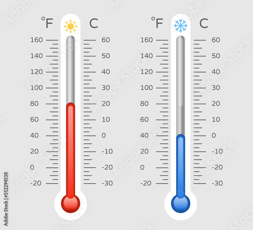 Cold warm thermometer with celsius and fahrenheit scale, temp control thermostat device flat icon. Thermometers measuring temperature icons, meteorology equipment showing weather photo