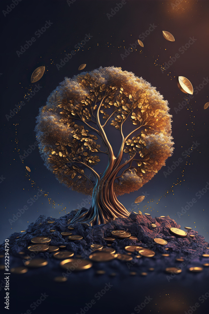 Golden tree fantasy illustration. Beautiful abstract background