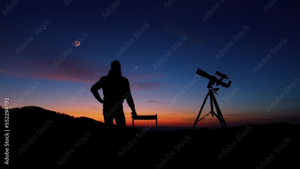 Man with astronomy telescope looking at the night sky, stars, planets, Moon and shooting stars. Man with astronomy telescope looking at the night sky, stars, planets, Moon and shooting stars.