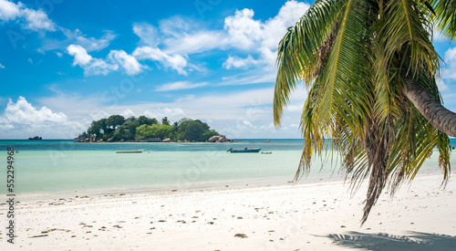 Tropical beach with palm trees  crystal water and white sand. most beautiful tropical beaches - Seychelles  Praslin island