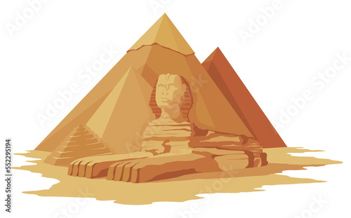 Egypt pyramids with sphinx scenery  symbol of ancient Egypt. Historic sight showplace attraction. Famous historical landmark place in Giza. Ancien architecture in sand dunes