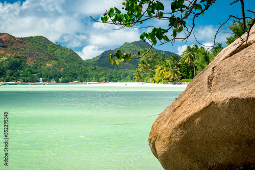 Fototapeta Naklejka Na Ścianę i Meble -  Beautifully shaped granite boulders and a perfect white sand. Most beautiful tropical beaches - Seychelles, Praslin island