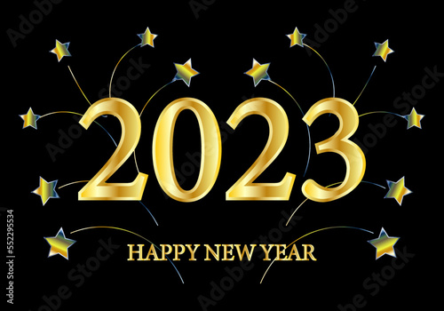 Feliz Año Nuevo 2023 con fuentes doradas y estrellitas sobre fondo negro