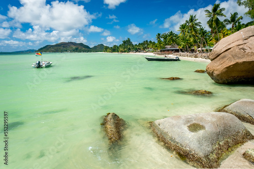 Beautifully shaped granite boulders and a perfect white sand. Most beautiful tropical beaches - Seychelles, Praslin island