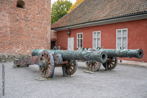 View of famous Swedish 16 th century cannon at Gripsholm castle located in Mariefred Sodermanland Sweden