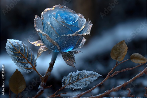 Frozen magic blue rose in the snow romantic background.