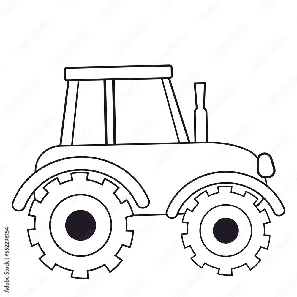 Tractor with wheels, farm transport outline in cartoon style, coloring