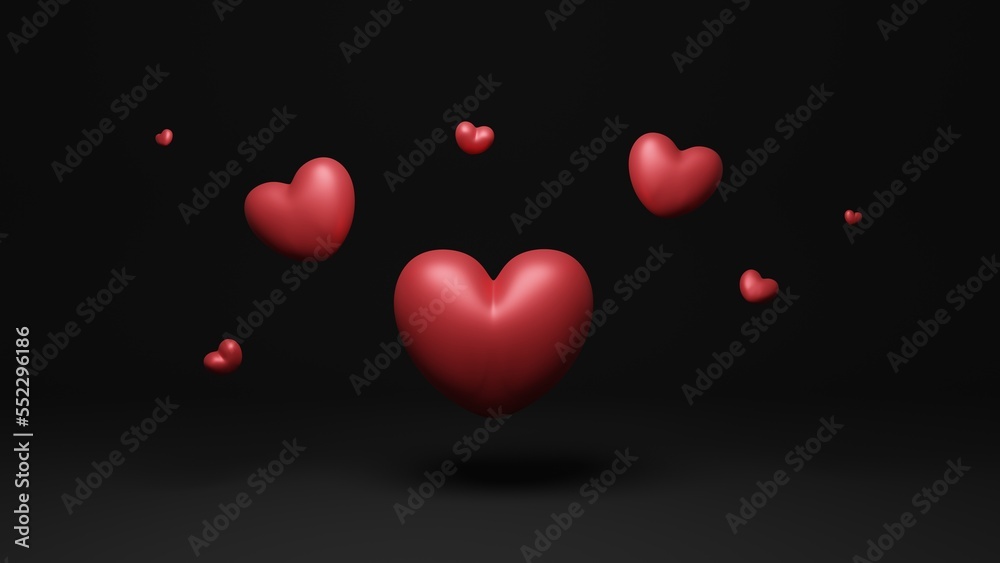 Red hearts floating on dark background. 3d rendering. Love or Valentine's Day concept