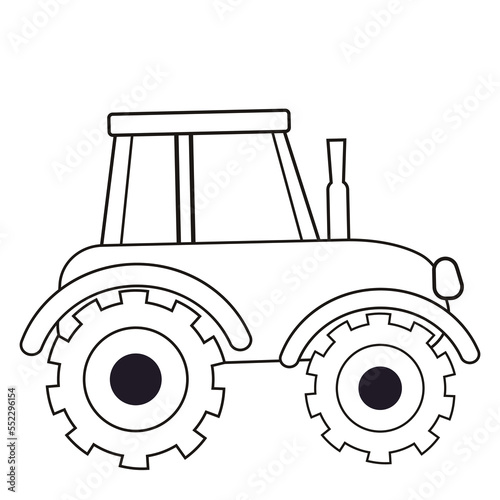 Tractor with wheels, farm transport outline in cartoon style, coloring page for kids isolated on white background. Printable.