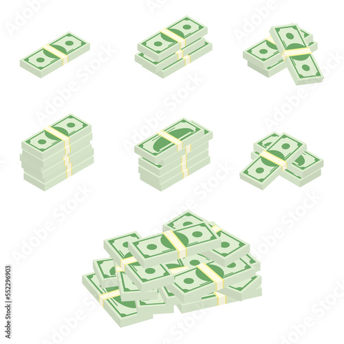 Money, dollar bills in cartoon 3d style. Set of different packs and bunches of dollar bills. Isometric green dollars, profit, investment and savings concept