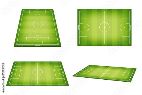 Soccer field with marking in different shapes. Football fields with trampled down grass. Top view, side and perspective view