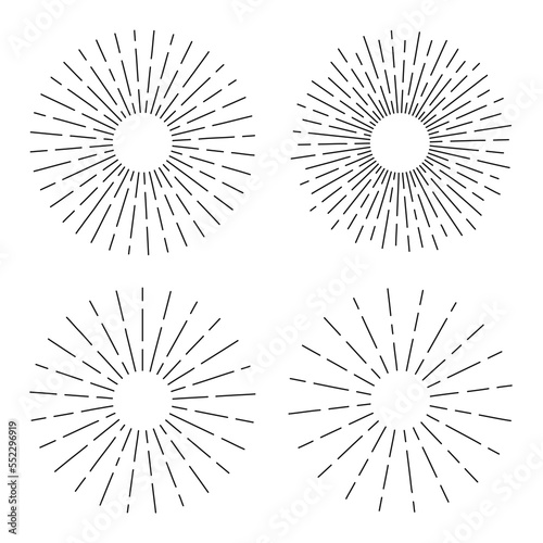 Vintage sun rays, retro sunburst. Set of sun rays in linear style. Sunburst for sketches, vintage elements in boho style