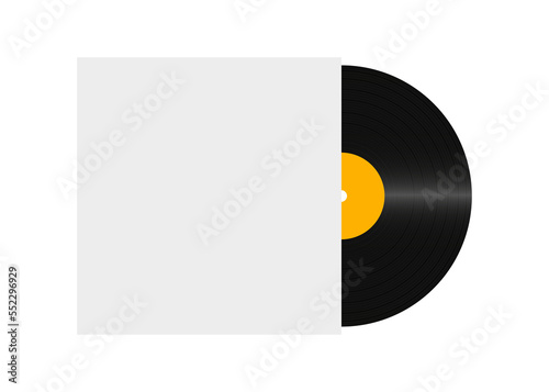Realistic vinyl record in cover. Blank vinyl record mockup on white background