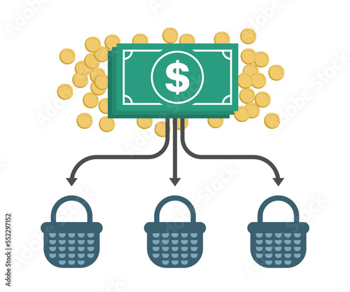 Allocation business icon. Diversification money concept. Financial investment illustration. US dollar banknotes and coins with arrows and baskets. Color flat design.