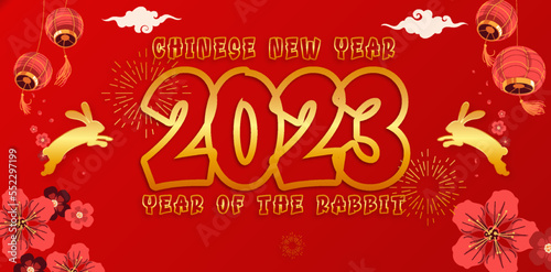 2023 Chinese new year  year of the rabbit banner banner design with rabbit and flowers background. Chinese translation  Happy New Year and Rabbit
