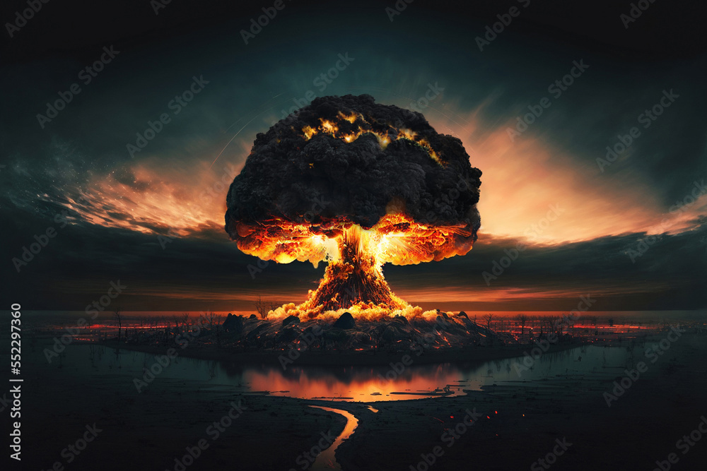 Powerful blow of a nuclear explosion with a mushroom of smoke. World