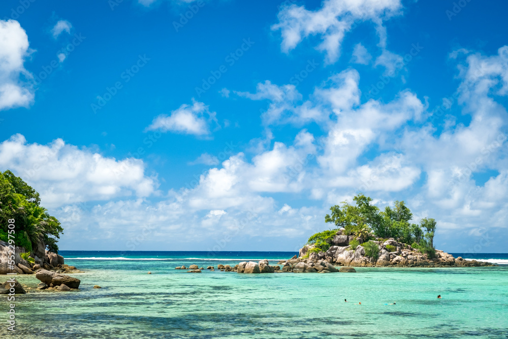 Fototapeta premium Paradise tropical beach with palm trees and turquoise water. Mahe Island, Seychelles. Anse Forbans Beach
