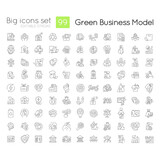 Green business model linear icons set. Sustainable company. Environmental friendly. Customizable thin line symbols. Isolated vector outline illustrations. Editable stroke. Quicksand-Light font used