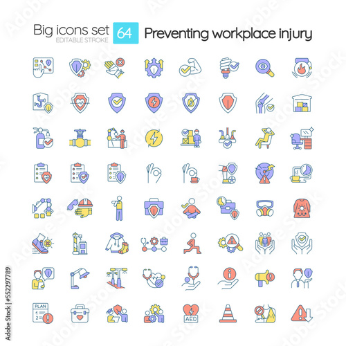 Preventing workplace injury RGB color big icons set. Occupational accident. Isolated vector illustrations. Simple filled line drawings collection. Editable stroke. Montserrat Bold, Light fonts used © bsd studio