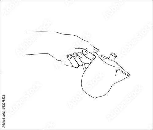 Continuous one line drawing of hand holding teapot. Hand holding coffeepot line art vector design.