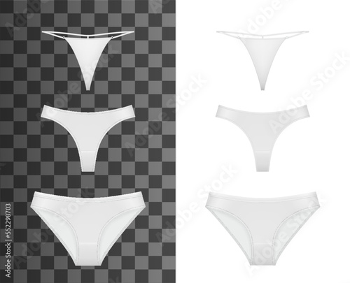 Woman panties. Realistic clothes, adult woman underwear, sexy and intimate lingerie, girl clothing 3d vector mockup. Isolated white strings, textile bikini and silk thongs