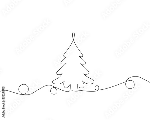 Single-line illustration of Christmas tree. One line art of a Christmas, New year tree
