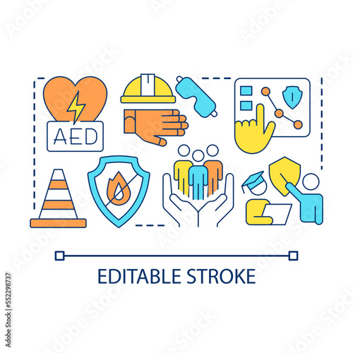 Regular training concept icon. Employee informing. Safety course. Avoiding workplace injuries tip abstract idea thin line illustration. Isolated outline drawing. Editable stroke. Arial font used