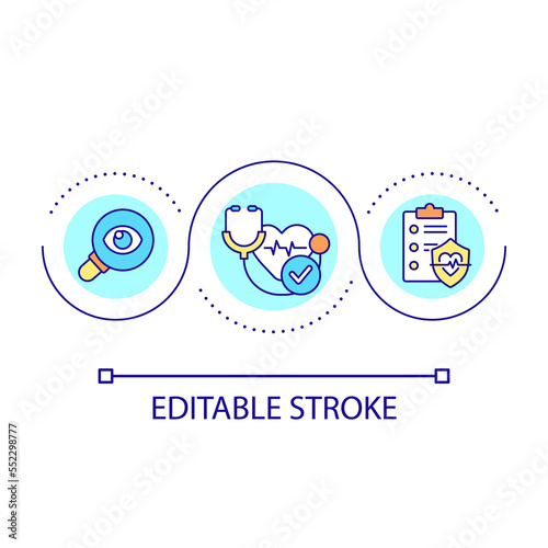 Pre-employment physicals loop concept icon. Medical screening. Preventing workplace injuries tip abstract idea thin line illustration. Isolated outline drawing. Editable stroke. Arial font used