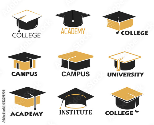 Student graduate cap hat. College and high school education vector icons. University campus, academy or institute faculty minimal symbols or pictograms with graduation caps
