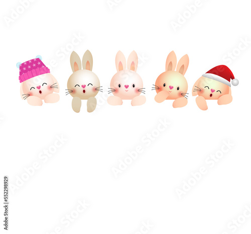 Happy New Year 2023, group of cute funny bunny rabbat holding sign board banner template, Xmas holiday party Merry Christmas in snow scene winter illustration HNY Png style  photo