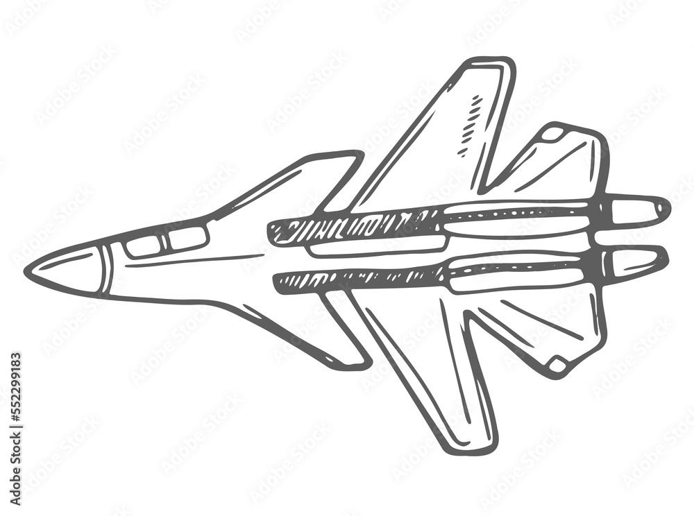 Military fighter jet doodle sketch. Army plane icon in vector Military fighter jet doodle sketch. Army plane icon in vector