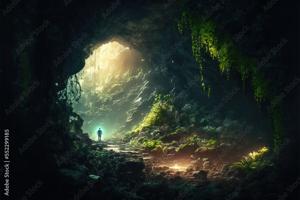 An explorer caver standing inside of a grand cave. The large cave has ...