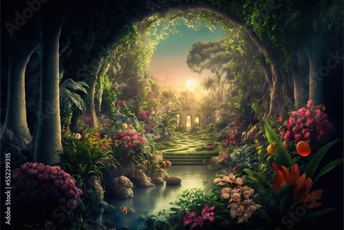 Photo A digitally-illustrated religious depiction of the gateway to the Garden of Eden