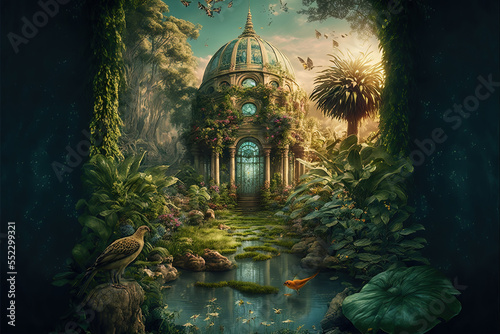 Fototapete A digitally-illustrated religious depiction of the gateway to the Garden of Eden
