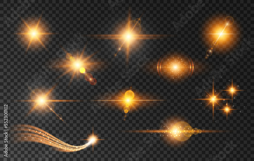 Lens flare, star light and golden glow. Isolated vector set of flashes, blinks, sparkles effects on transparent background. Realistic bright gold glares, yellow beams, rays, stars or solar energy