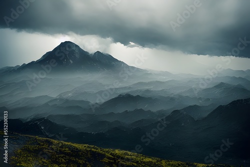 Foggy overcast clouds over mountain range. 