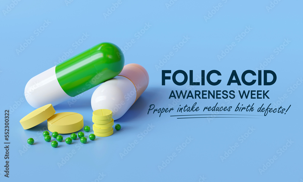 Folic Acid awareness week is observed every year in January, to spread awareness about the importance of folic acid, it can help prevent some serious birth defects of the brain and spine. 3D Rendering Folic Acid awareness week is observed every year in January, to spread awareness about the importance of folic acid, it can help prevent some serious birth defects of the brain and spine. 3D Rendering
