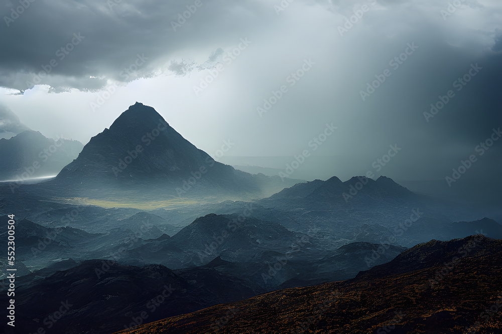 Foggy overcast clouds over mountain range. 