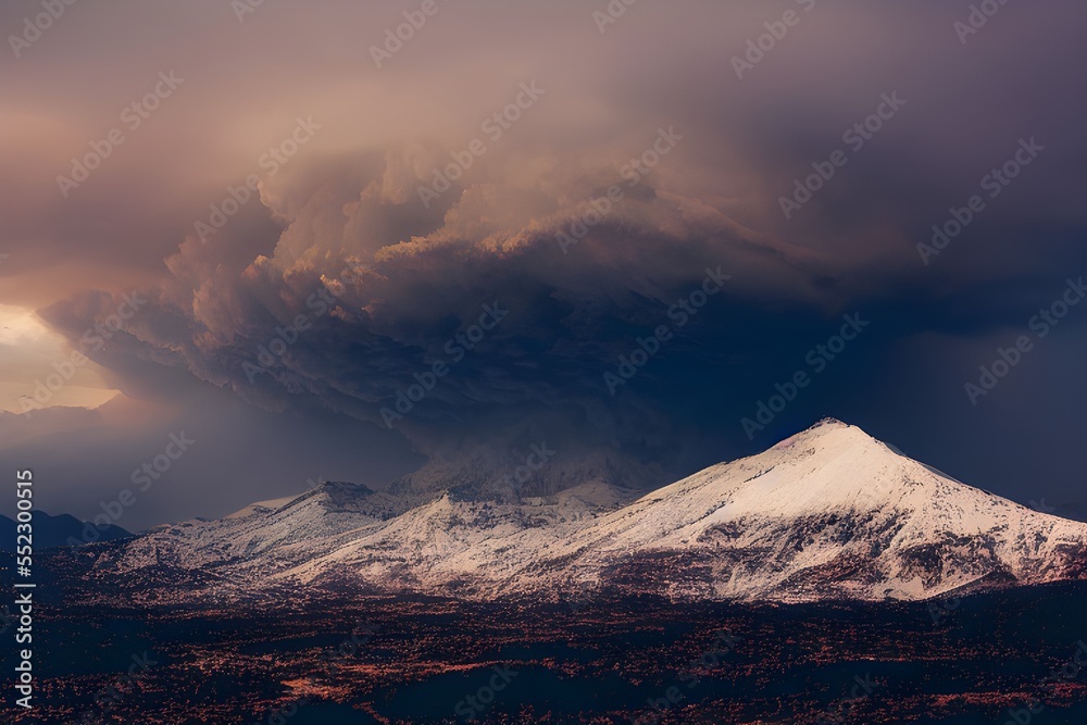 Foggy overcast clouds over mountain range. 