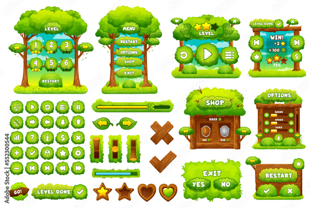 Green forest game interface. Ui game buttons, gui elements game asset. Vector menu panel, exit or restart options, progress bar and level ux icons with plants, wood and trees. Cartoon gaming kit - obrazy, fototapety, plakaty 
