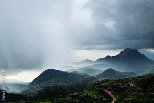 Foggy overcast clouds over mountain range. 